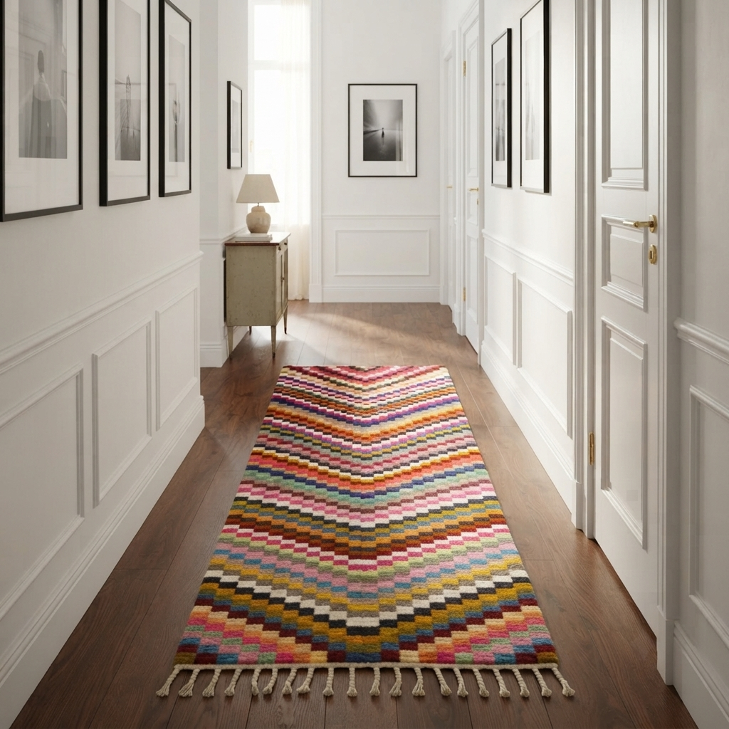 Colorful geometric Moroccan runner rug handwoven from wool with abstract line pattern
