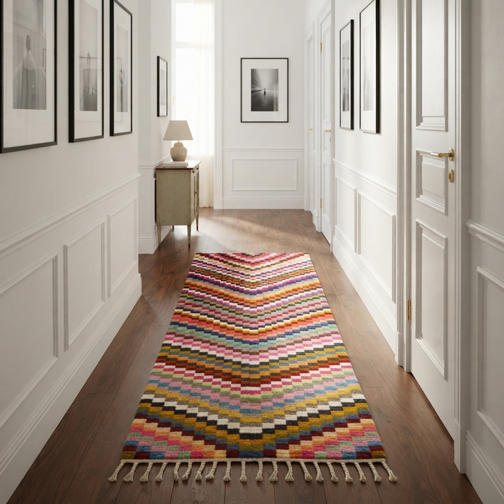 Colorful geometric Moroccan runner rug handwoven from wool with abstract line pattern