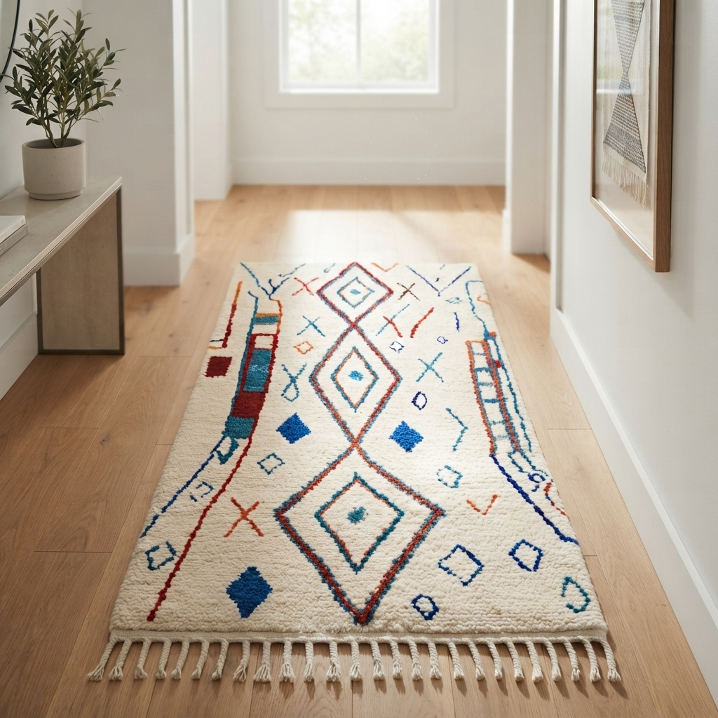Handmade colorful Moroccan wool runner rug with blue, red, and orange geometric diamond patterns on a white base.