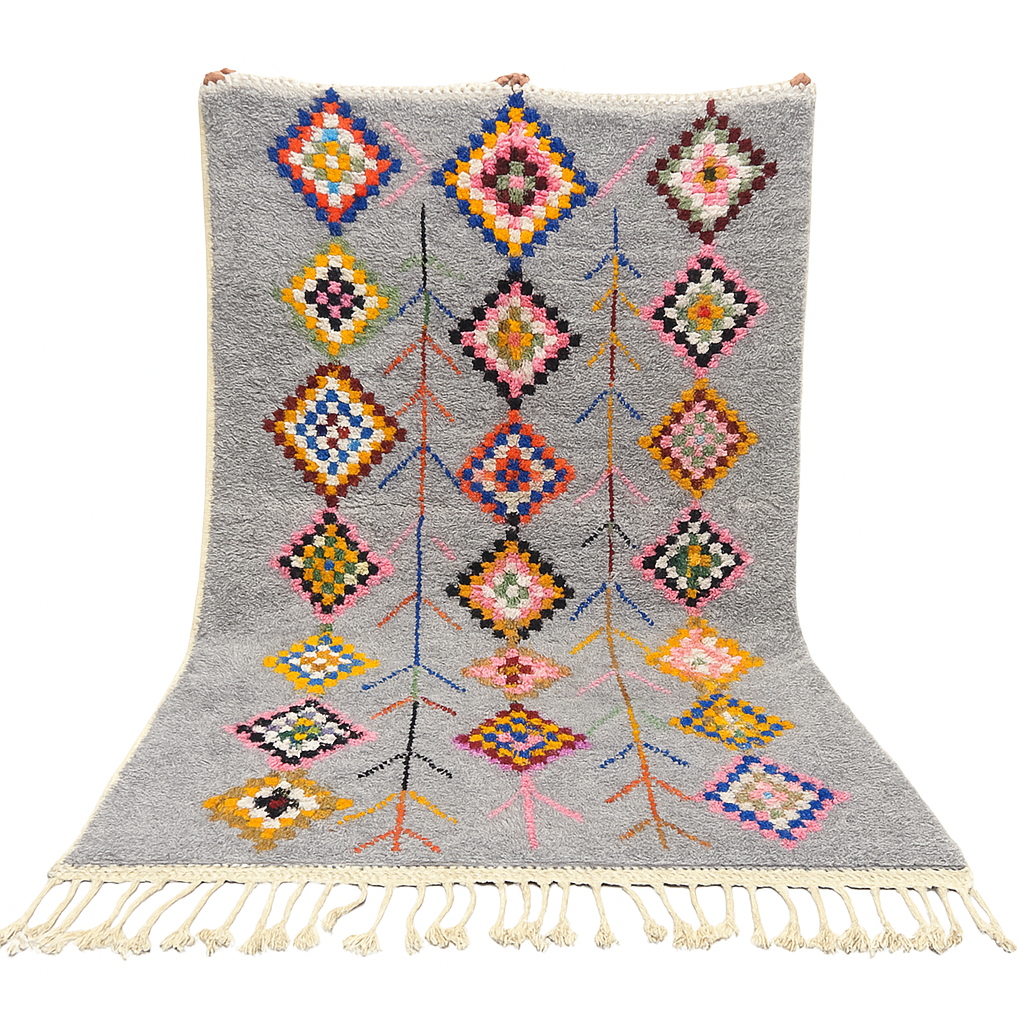 Colorful gray Moroccan wool rug with multicolored diamond motifs