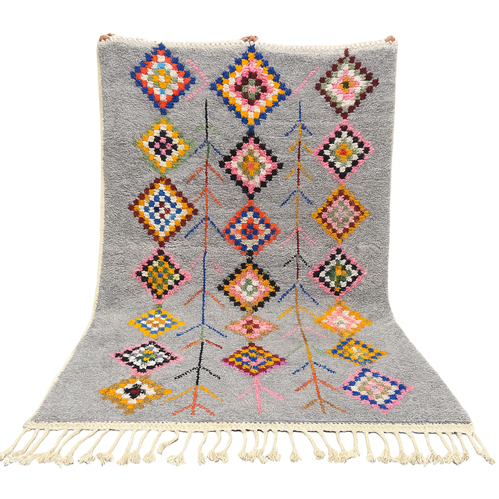 Colorful gray Moroccan wool rug with multicolored diamond motifs