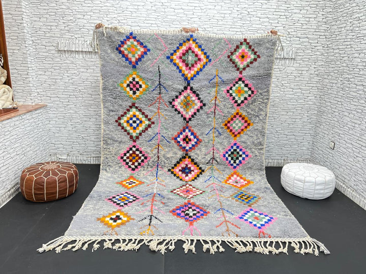 Colorful gray Moroccan wool rug with multicolored diamond motifs