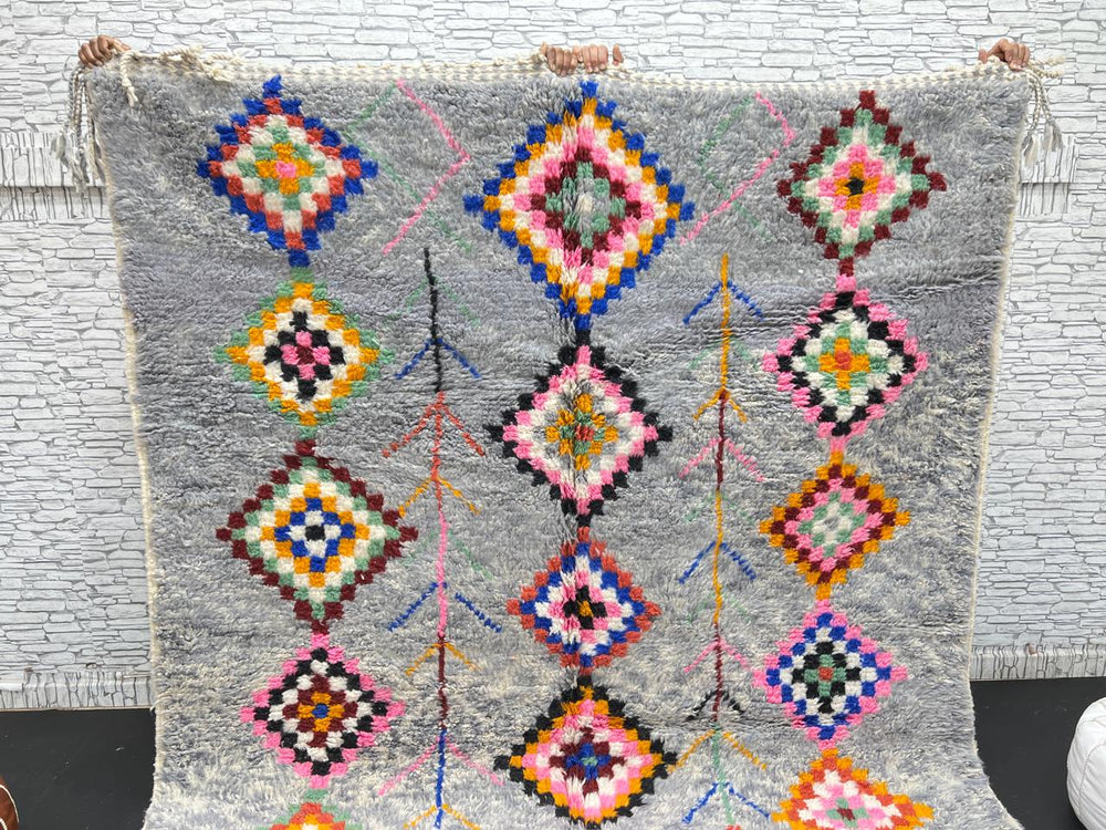 Colorful gray Moroccan wool rug with multicolored diamond motifs