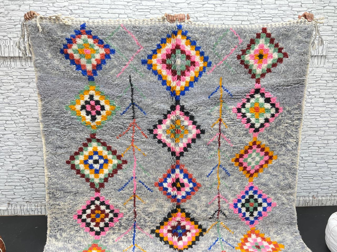 Colorful gray Moroccan wool rug with multicolored diamond motifs