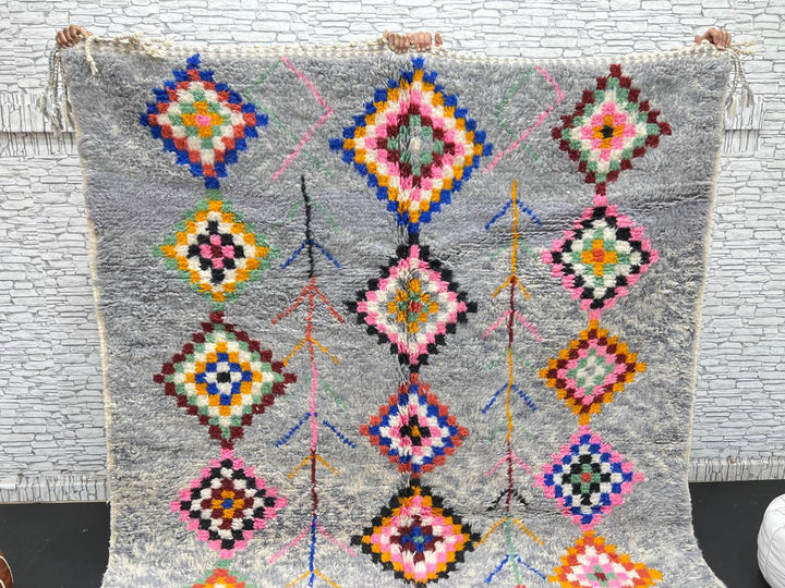 Colorful gray Moroccan wool rug with multicolored diamond motifs