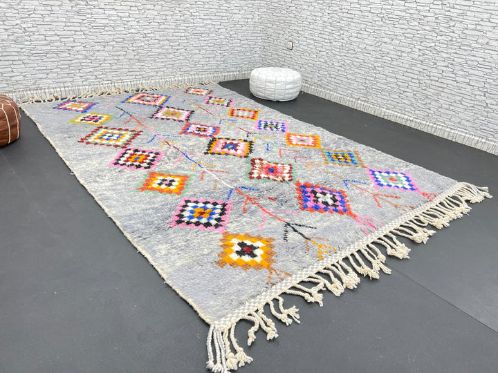 Colorful gray Moroccan wool rug with multicolored diamond motifs