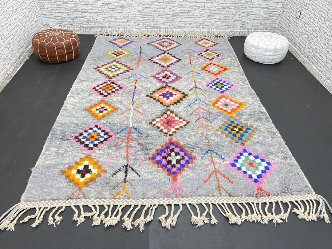 Colorful gray Moroccan wool rug with multicolored diamond motifs