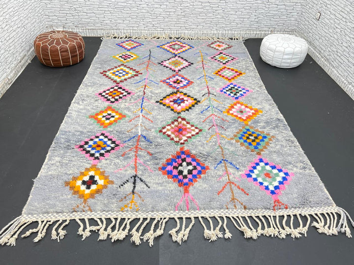 Colorful gray Moroccan wool rug with multicolored diamond motifs