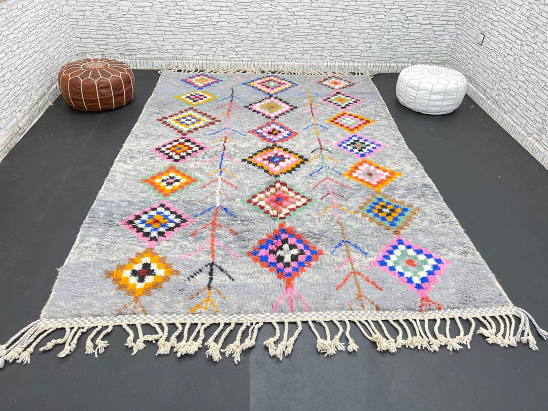 Colorful gray Moroccan wool rug with multicolored diamond motifs