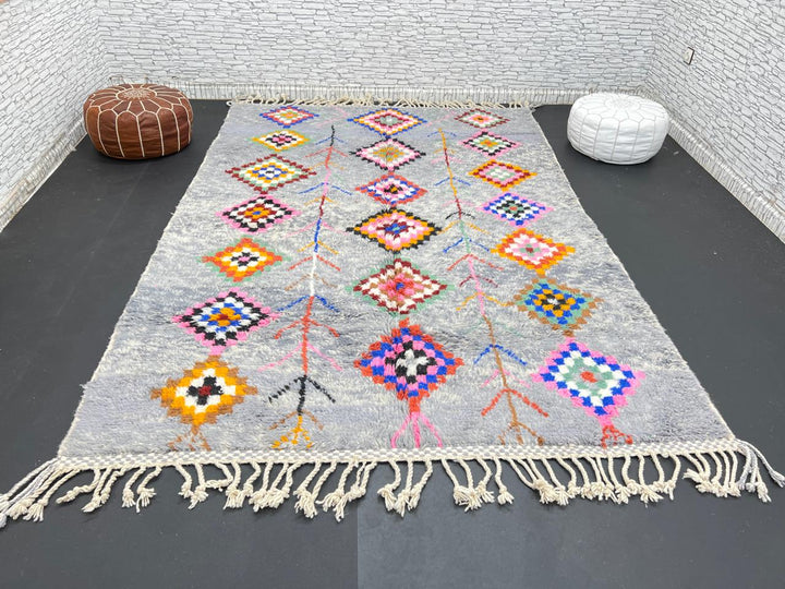 Colorful gray Moroccan wool rug with multicolored diamond motifs