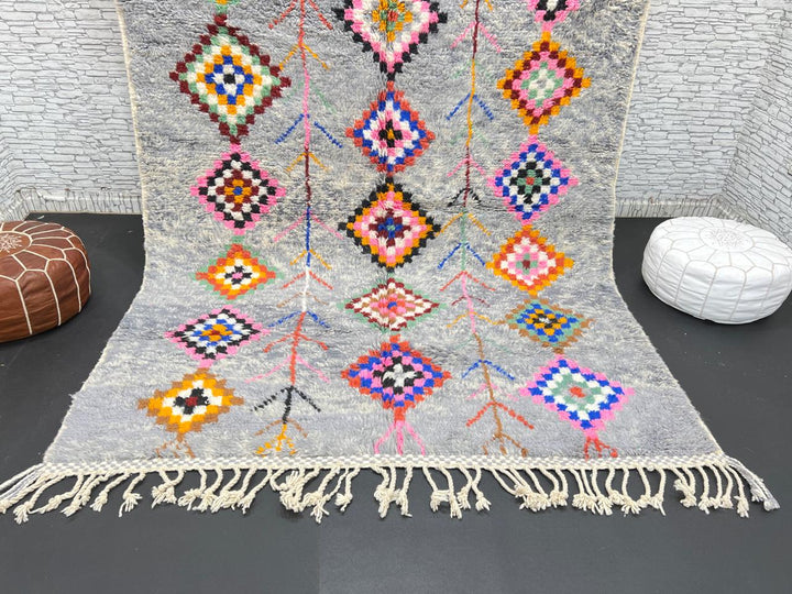 Colorful gray Moroccan wool rug with multicolored diamond motifs