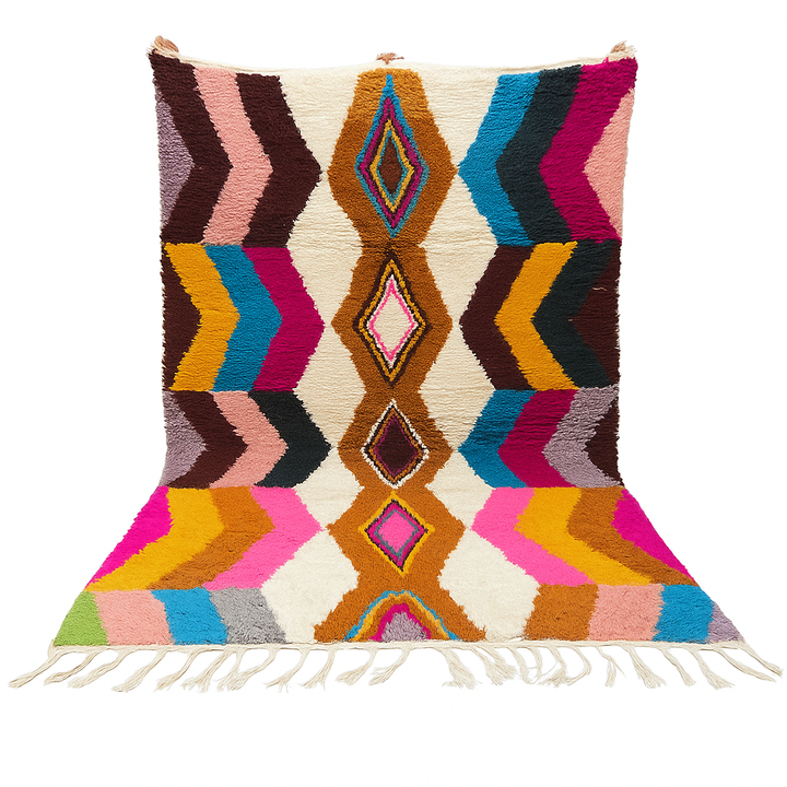 Colorful Moroccan Azilal wool rug with geometric diamond pattern in vibrant hues