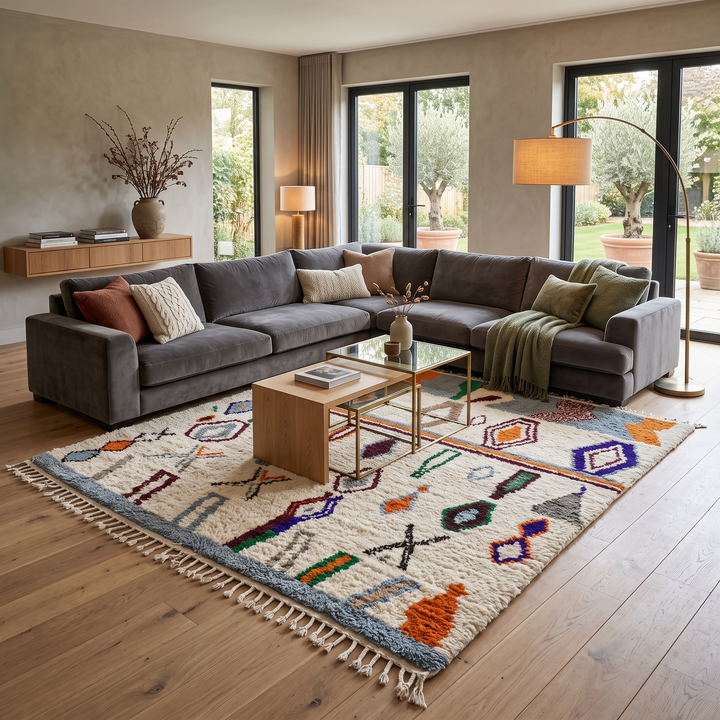 colorful handmade moroccan berber rug with geometric patterns on ivory wool background
