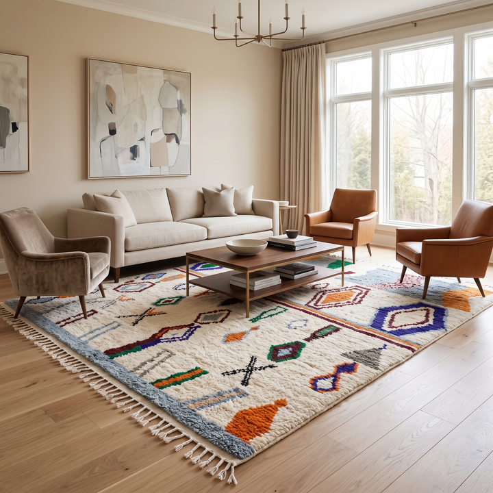 colorful handmade moroccan berber rug with geometric patterns on ivory wool background
