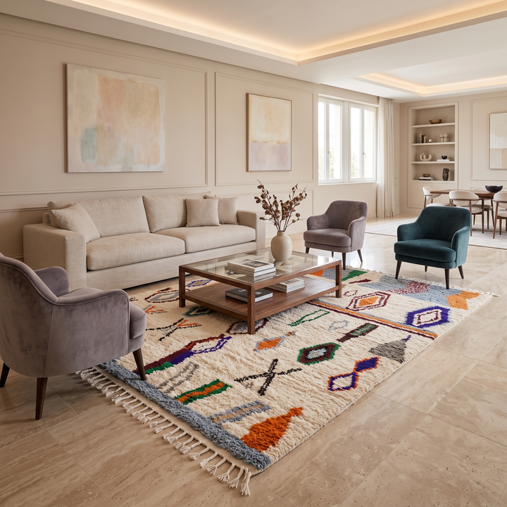 colorful handmade moroccan berber rug with geometric patterns on ivory wool background
