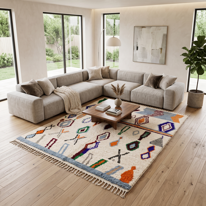 colorful handmade moroccan berber rug with geometric patterns on ivory wool background
