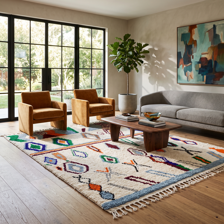 colorful handmade moroccan berber rug with geometric patterns on ivory wool background
