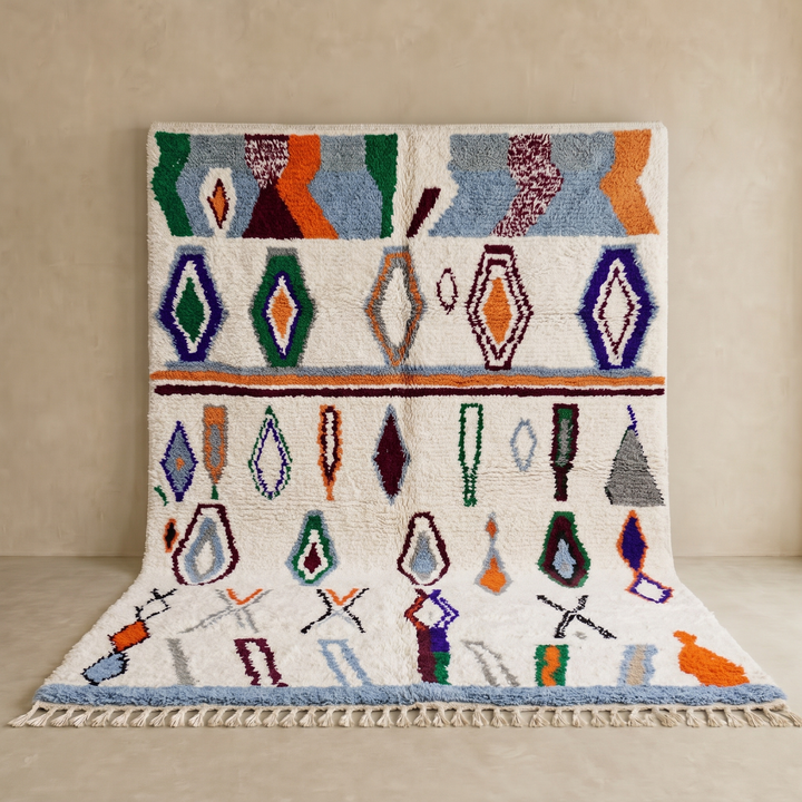 colorful handmade moroccan berber rug with geometric patterns on ivory wool background
