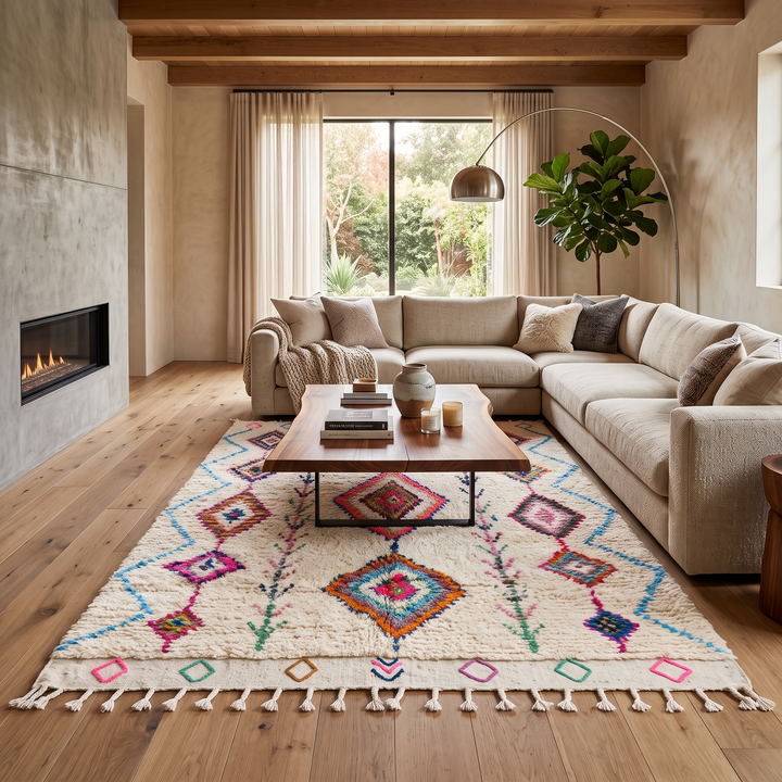 Handmade Moroccan Berber rug with colorful diamond patterns on white wool
