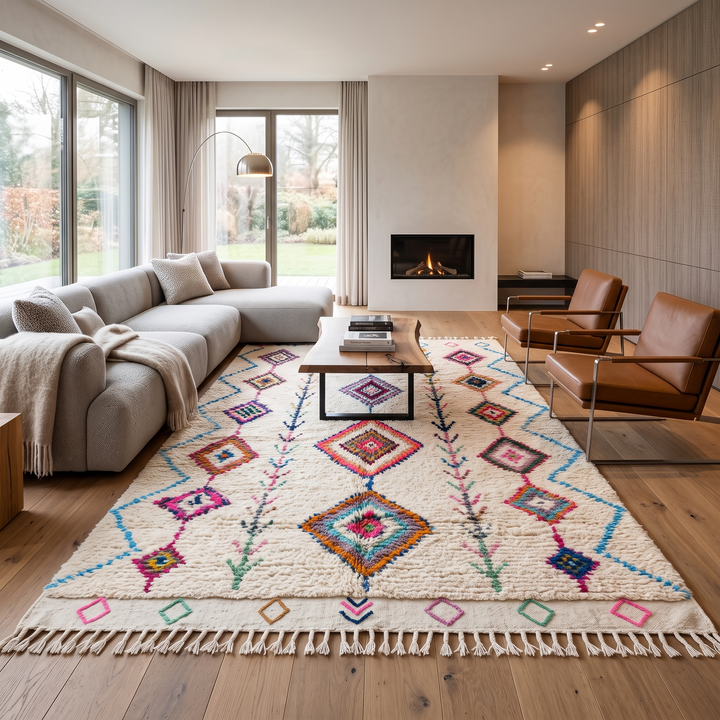 Handmade Moroccan Berber rug with colorful diamond patterns on white wool
