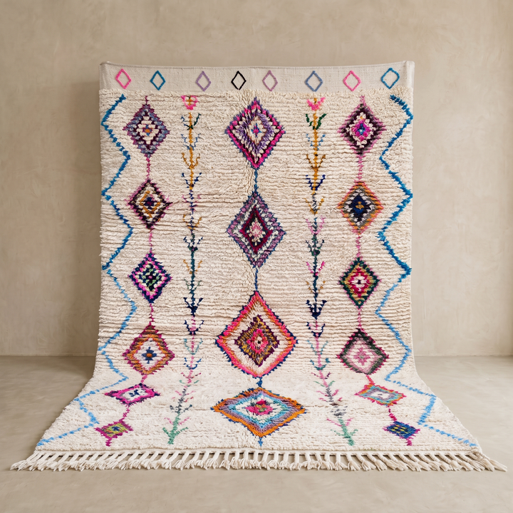 Handmade Moroccan Berber rug with colorful diamond patterns on white wool
