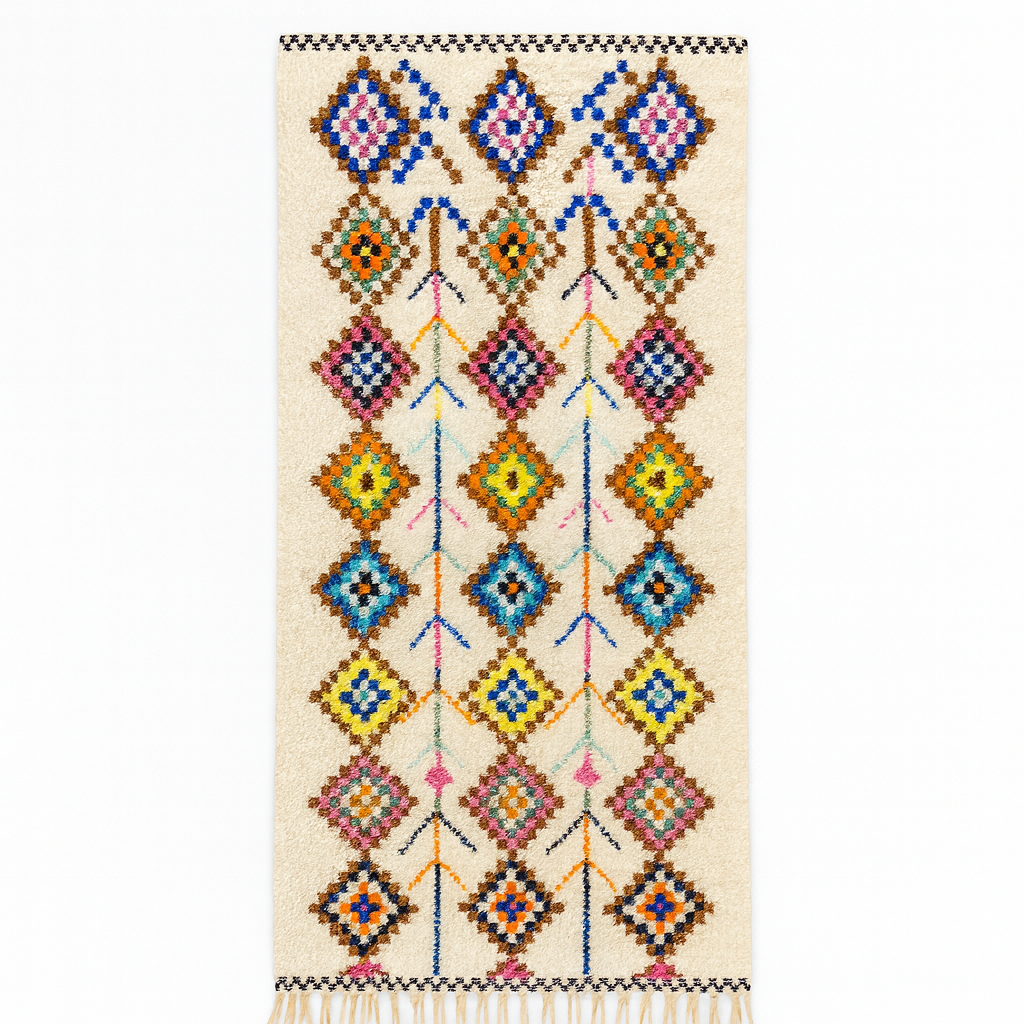 Handmade Moroccan Berber runner rug with colorful diamond tribal patterns on white background, traditional wool hallway runner
