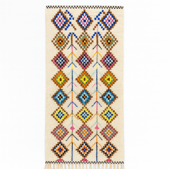 Handmade Moroccan Berber runner rug with colorful diamond tribal patterns on white background, traditional wool hallway runner