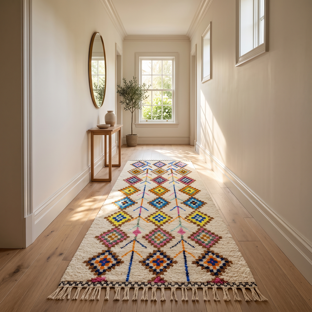 Handmade Moroccan Berber runner rug with colorful diamond tribal patterns on white background, traditional wool hallway runner