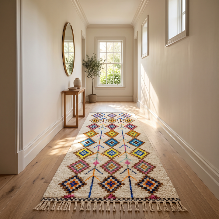 Handmade Moroccan Berber runner rug with colorful diamond tribal patterns on white background, traditional wool hallway runner