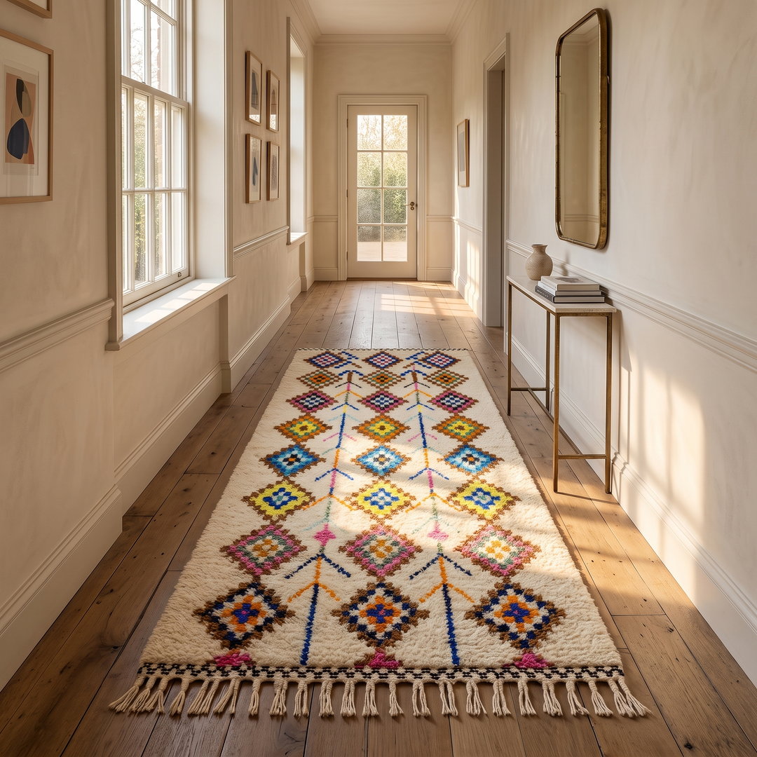 Handmade Moroccan Berber runner rug with colorful diamond tribal patterns on white background, traditional wool hallway runner