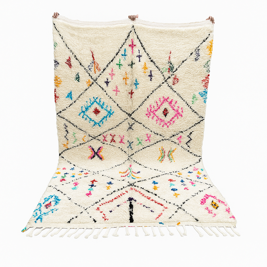 Colorful Moroccan wool rug with multicolor geometric diamond patterns, handmade by Berber artisans