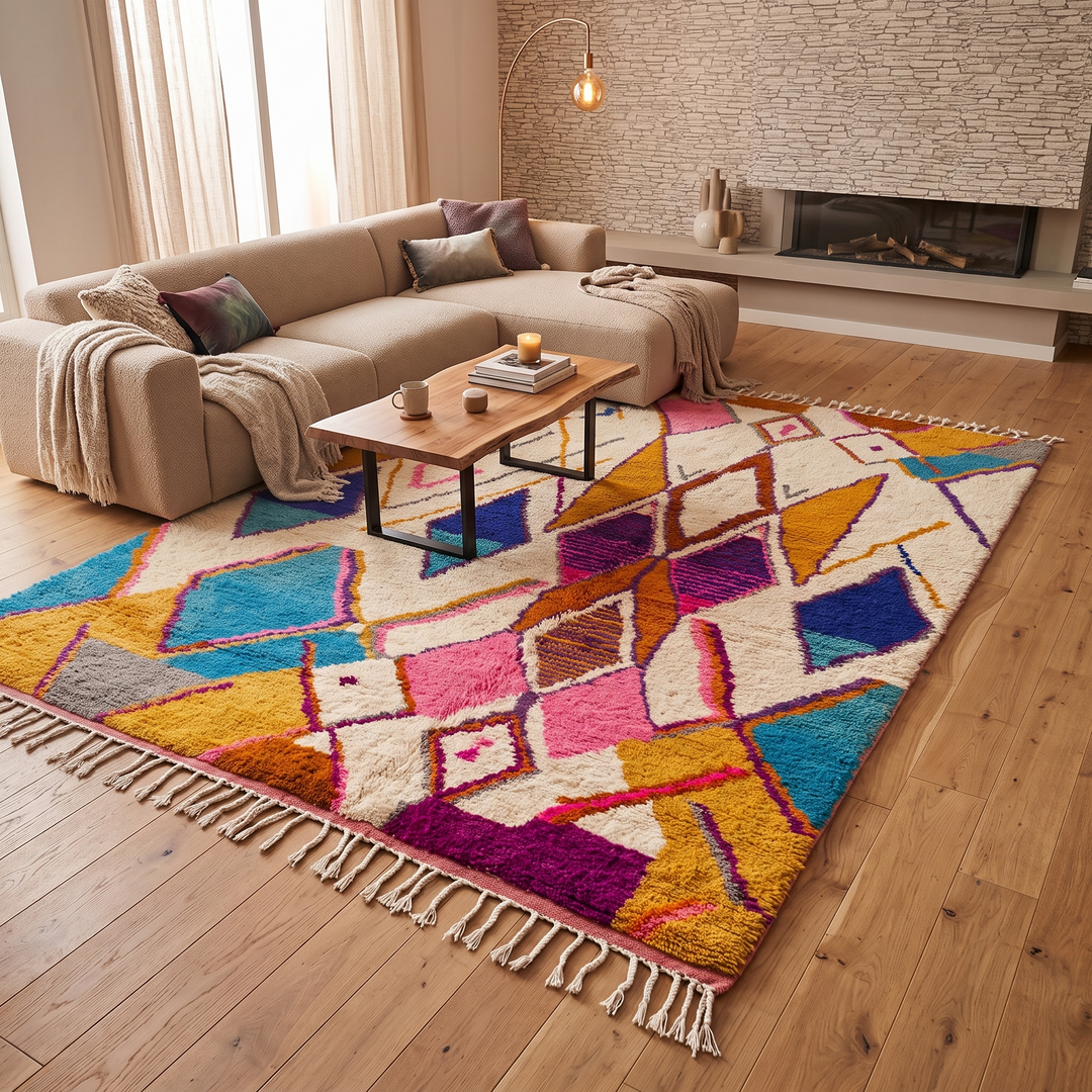 Colorful Moroccan Berber Wool Rug with Diamond Motifs