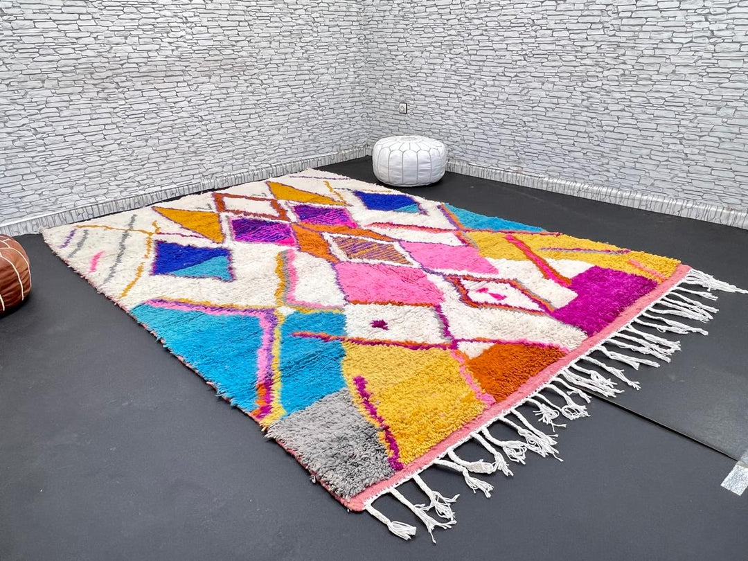 Colorful Moroccan Berber wool rug with diamond geometric pattern