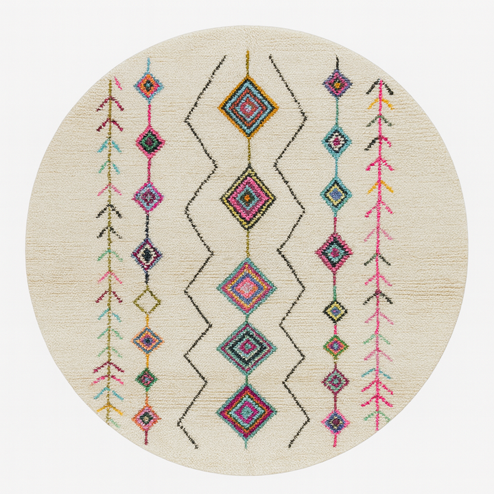 Colorful handmade Moroccan round wool rug with Berber diamond and tribal line design on white background
