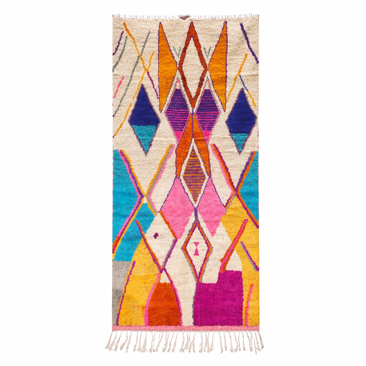 Handwoven colorful Moroccan wool runner rug with abstract diamond pattern