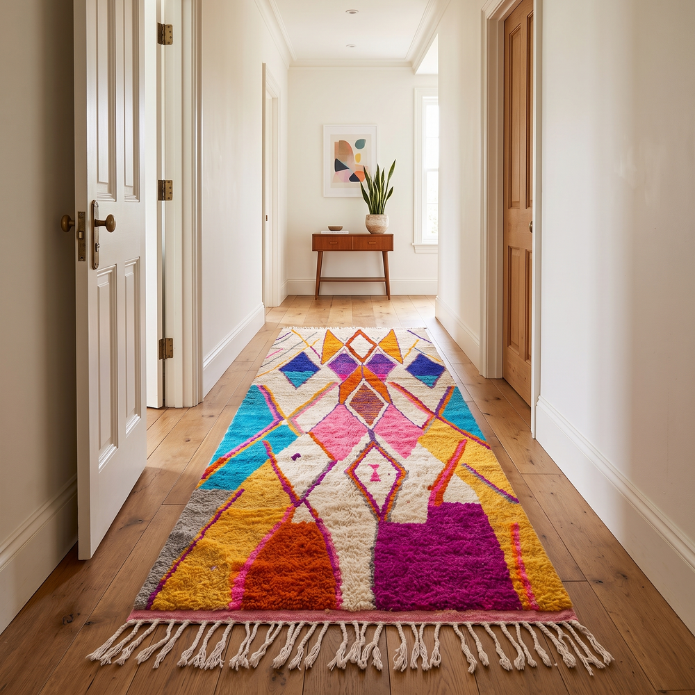 Handwoven colorful Moroccan wool runner rug with abstract diamond pattern