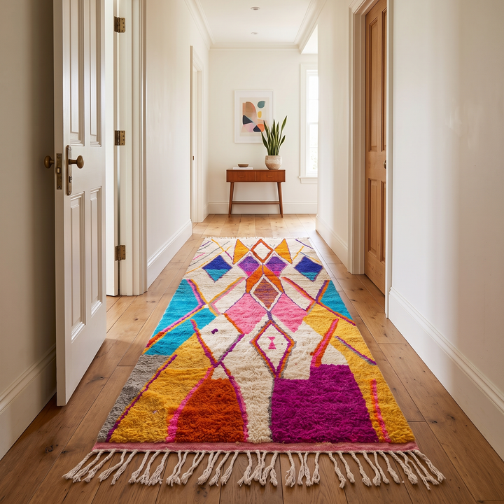 Handwoven colorful Moroccan wool runner rug with abstract diamond pattern