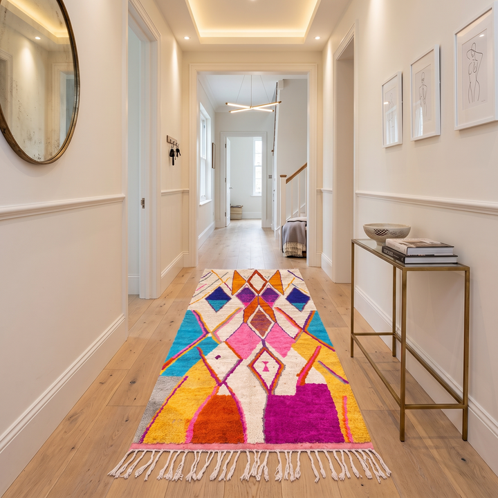 Handwoven colorful Moroccan wool runner rug with abstract diamond pattern