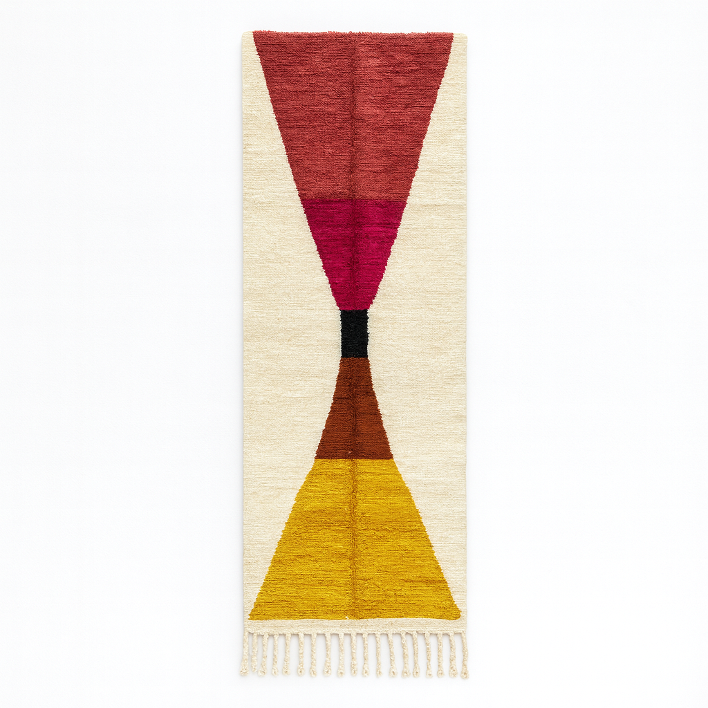 Modern handmade Moroccan runner rug with geometric hourglass design in red, pink and yellow