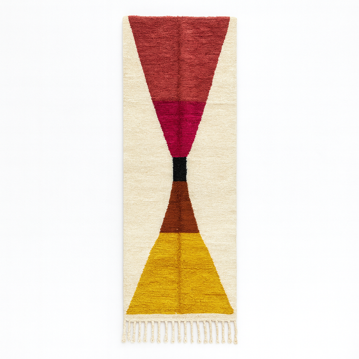 Modern handmade Moroccan runner rug with geometric hourglass design in red, pink and yellow