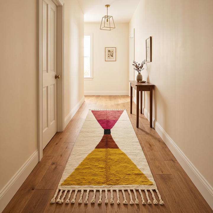 Modern handmade Moroccan runner rug with geometric hourglass design in red, pink and yellow