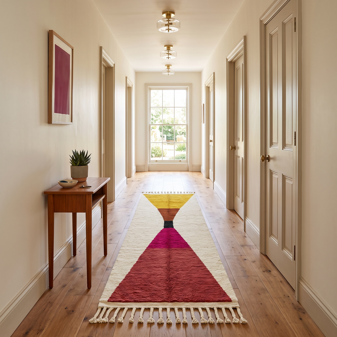 Modern handmade Moroccan runner rug with geometric hourglass design in red, pink and yellow