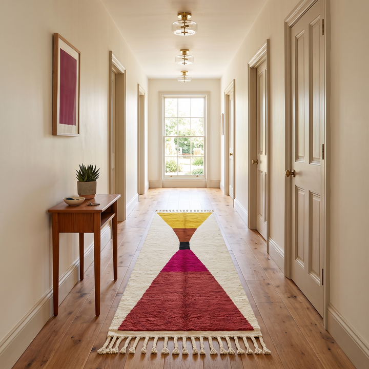 Modern handmade Moroccan runner rug with geometric hourglass design in red, pink and yellow