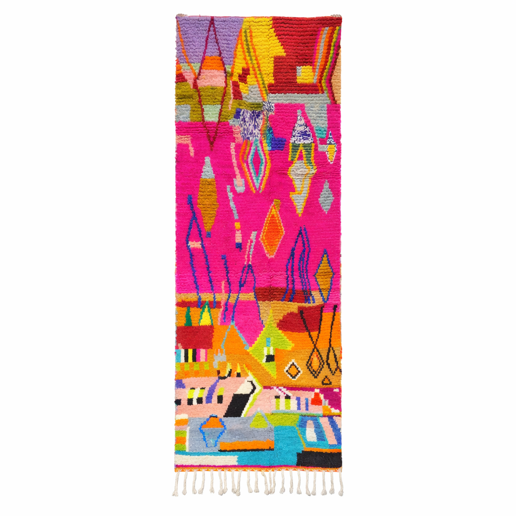 Colorful abstract Moroccan runner rug handwoven in wool with pink, orange, yellow and blue geometric patterns