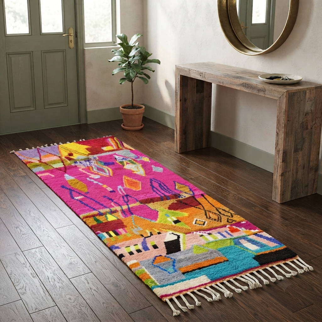 Colorful abstract Moroccan runner rug handwoven in wool with pink, orange, yellow and blue geometric patterns