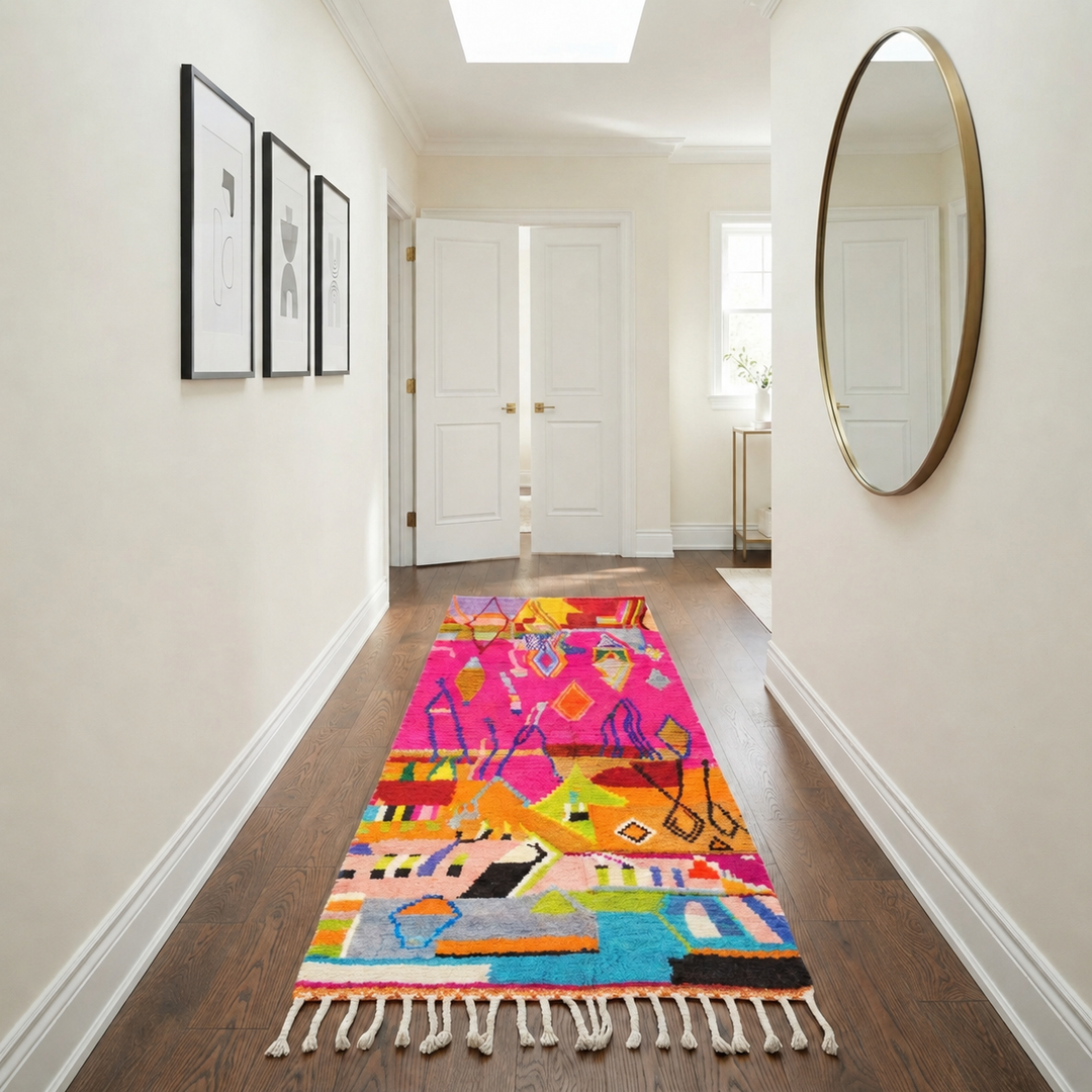 Colorful abstract Moroccan runner rug handwoven in wool with pink, orange, yellow and blue geometric patterns