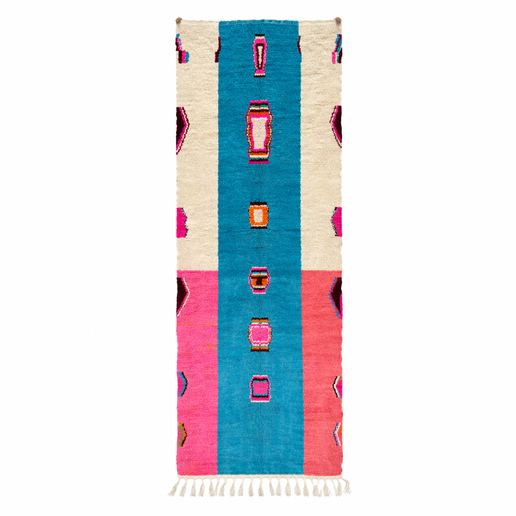 Pink and blue Moroccan runner rug handmade from wool with Berber symbols