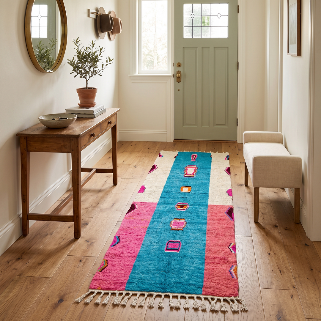Pink and blue Moroccan runner rug handmade from wool with Berber symbols