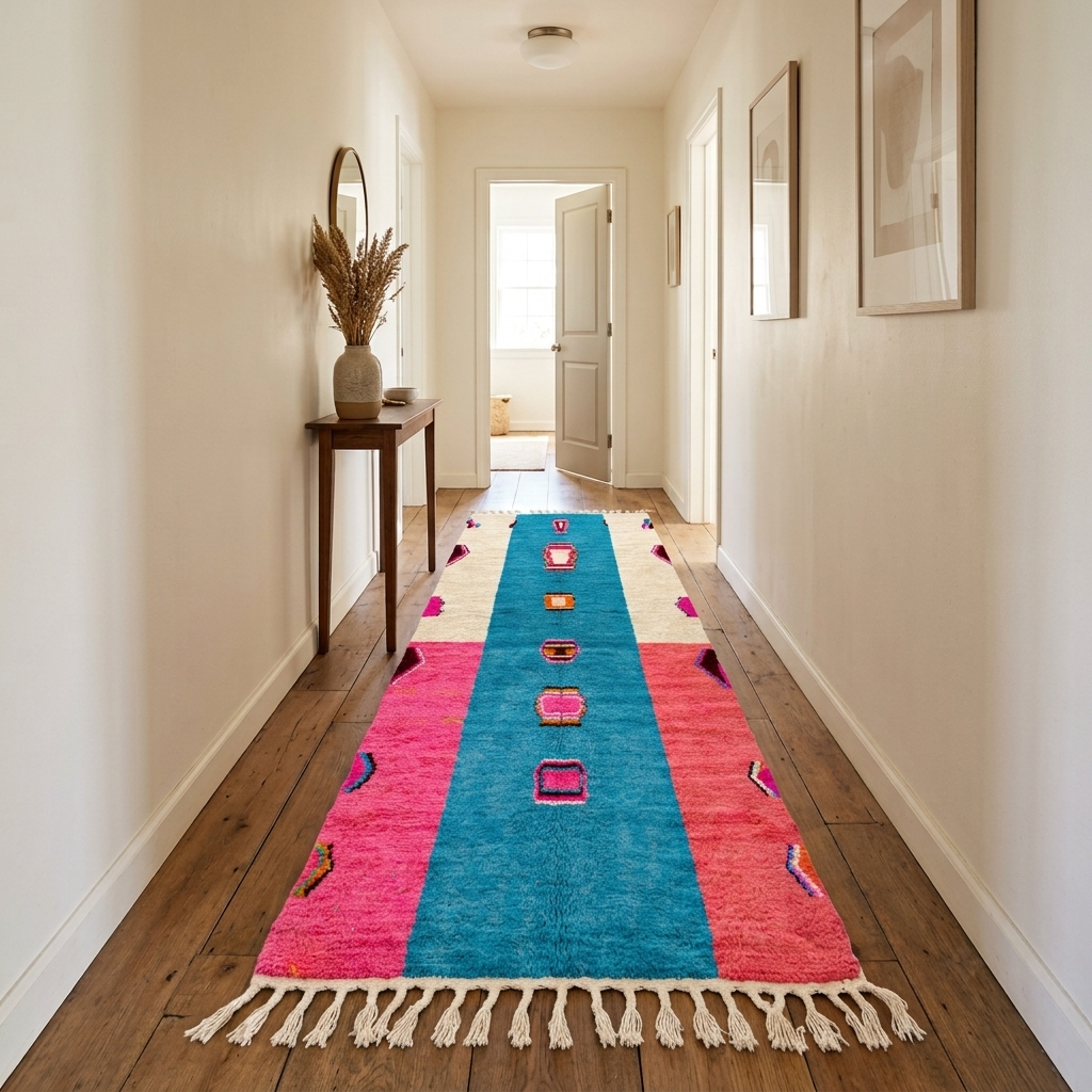 Pink and blue Moroccan runner rug handmade from wool with Berber symbols
