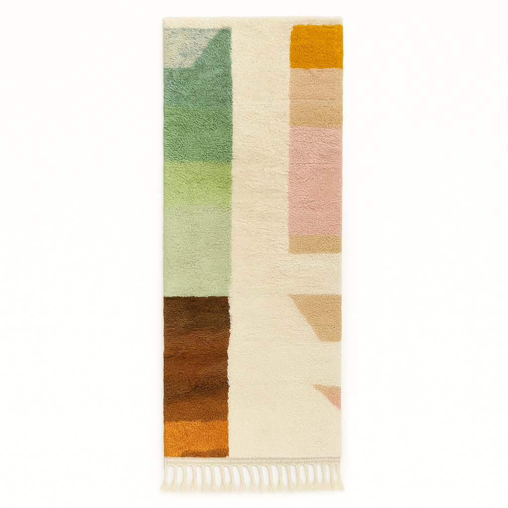 Handmade colorful Moroccan wool runner rug with geometric color-block design in green, pink, and orange tones